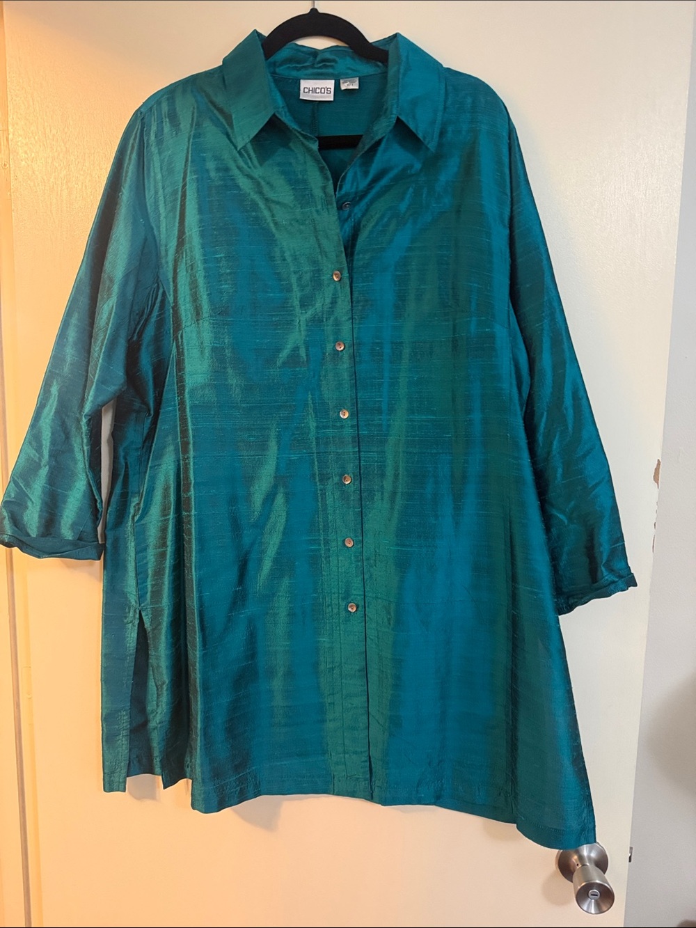 Chico's Teal-Green Button Front Tunic Shirt